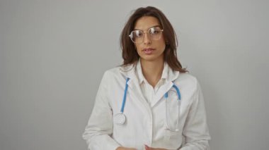 Gözlüklü kadın doktor ve steteskoplu beyaz önlüklü kadın izole edilmiş beyaz duvar arka planına karşı güvenle konuşuyor..