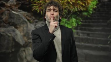 Şehir sokaklarında genç bir adam sessizce el pençe divan duruyor. Siyah ceket ve balıkçı yaka kazak giyiyor. Taş basamaklar ve yeşillikler üzerinde.