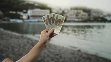 Sahilde, arka planda su bulunan bir plajda, seyahat, finans ve tatilde boş zaman kavramını vurgulayan bir adam..