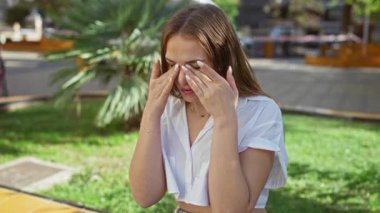 Güneşli bir günde yeşil ve bulanık şehir geçmişiyle çevrili bir şehir parkında yüzüne dokunan bir kadın endişeli görünüyor..