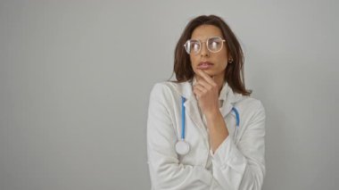 Steteskoplu beyaz önlüklü bir kadın tarafsız arka plana karşı düşünceli bir şekilde gülümsüyor ve özgüven ve profesyonellik gösteriyor.