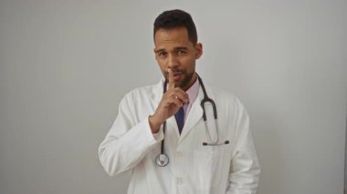 Beyaz önlüklü, steteskoplu, beyaz önlüklü İspanyol erkek doktor, gizlilik ve tıbbî profesyonelliği öne sürüyor.