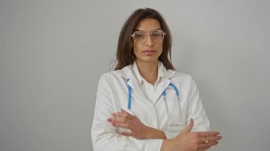 Kadın doktor, kolları çapraz duran ve arka planda gülümseyen, beyaz önlük ve steteskop giyen, profesyonel ve yaklaşılabilir tavırlar sergileyen kendine güvenen bir kadın..