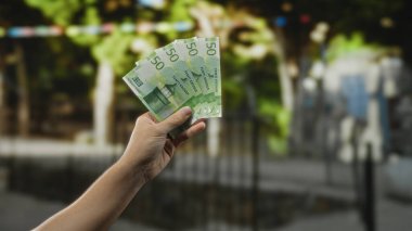 Bir şehir caddesinde Norveçli kronu elinde tutan adam, Norveç 'te şehir hayatının ve para biriminin özünü yakalıyor..