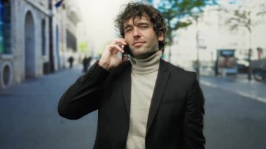 Şık takım elbiseli kıvırcık saçlı genç adam şehrin hareketli caddesinde akıllı bir telefonla güvenli bir şekilde poz veriyor. Şehir yaşam tarzı ve iletişimini ön plana çıkarıyor.