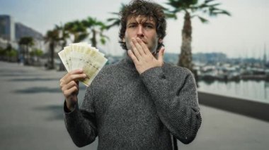 Deniz kenarında İspanyol bir adam, bulutlu bir günde elinde Norveç kronu palmiye ağaçları ve marinayla sürpriz bir şekilde arka planda paralar tutuyor..