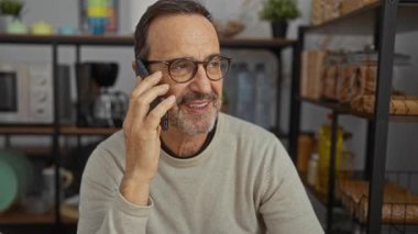 Kapalı bir odada, rafları ve dekorasyonu olan rahat bir odada telefonla konuşurken gülümseyen gözlüklü olgun bir adam..