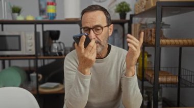 Ev eşyalarıyla dolu modern bir ofiste sesli mesaj kaydeden adam rahat ve işlevsel bir çalışma ortamı olduğunu gösteriyor..