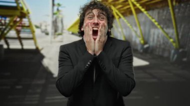 Şehirli bir adam şehir sokaklarında heyecanlı bir şekilde iş kıyafetleriyle geziyor şehir binalarının altında gündüz vakti eğleniyor.