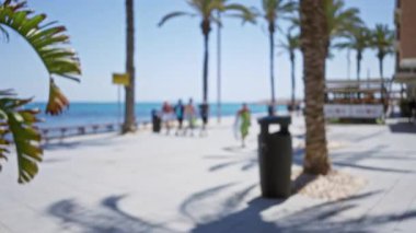 Sahilde, açık bir gökyüzünün altında bulanık palmiye ağaçları, insanlar ve uzak bir okyanus olan açık hava yolu.