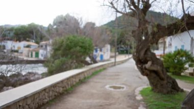 Mallorca 'da çözünmüş bir Akdeniz geçidi boyunca yürüyen bir kadın. Ağaçlar yolu kaplıyor ve arka plandaki binalar bulanık.