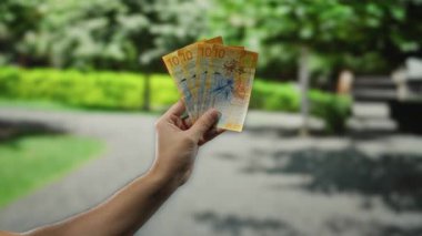 Zengin ağaçlarla çevrili, İsviçre frangı banknotları tutan bir adam, açık hava ortamında para birimini gösteren, sergilenen finans ve para yönetimi kavramları.