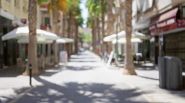 Güneşli bir caddenin açık hava görüntüsü. Palmiye ağaçları ve kafeler canlı bir atmosfer yaratıyor.