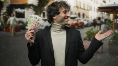 İspanyol adam Arjantin pesolarını elinde tutarken gülümsüyor ve işlek bir şehir caddesinde olumlu bir mali görünüm yansıtıyor..