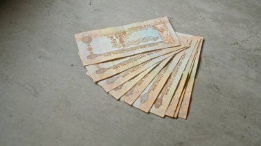 Beton bir zemine saçılmış beş dirhem uae banknot, basit bir ayar içinde birleşik Arap Emirlikleri para birimi vurgulanıyor.