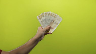 Danimarka kronu banknotlarını canlı sarı bir duvara karşı tutan adam, izole bir ortamda servetini ve finansal gücünü göstererek odaklanmış bir el gösterisiyle.