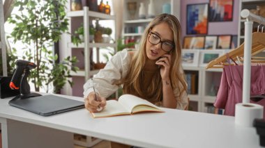 Genç sarışın kadın, gözlük takıyor, bir ev dekorasyonu dükkanında, telefonda konuşurken notlar alıyor, çeşitli dekorasyon ve bitkilerle çevrili..