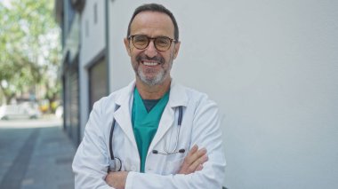 Beyaz önlüklü ve steteskop takmış İspanyol bir adam şehrin sokaklarında güven içinde duruyor. Şehir zeminine karşı mesleki sıcaklık ve olgunluk gösteriyor..