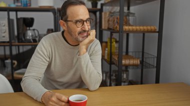 Olgun bir adam, düşünceli bir ifadeyle ofiste oturmuş, modern ve kırsal unsurları birleştiren şık iç mekânlarla kahve molası veriyor.