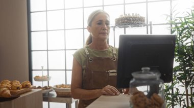 Pastanede çalışan, önlük takan, önünde bir vitrin olan, önünde hamur işleri ve arka planda parlak bir penceresi olan fırınlanmış mallarla çevrili olgun bir kadın.