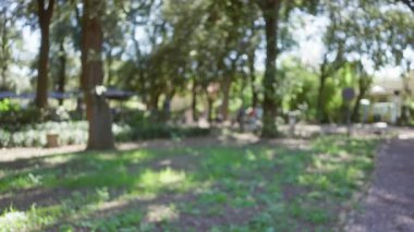 Roma 'daki villa borghese bahçelerinin bulanık manzarası, ağaçlı açık hava manzarası ve arka planda benekli güneş ışığı altındaki insanlar..