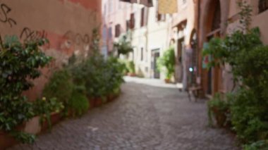 Roma, İtalya 'nın eski bir kasabasında, kırsal binalar ve yumuşak, doğal ışık altında yemyeşil yemyeşil yemyeşil bir manzaranın odak noktasını kaybetmiş..