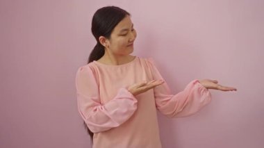 Genç Çinli kadın şaşırmış, gülümsüyor ve işaret ediyor izole edilmiş pembe arka planda eli ile sunarken