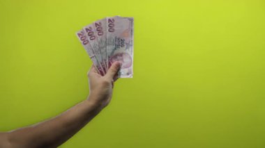 İzole edilmiş sarı arka planda Türk lira banknotları tutan adam, renkli sadeliğe vurgu yaparak Türkiye 'de finans ve para kaynağını yakalıyor..
