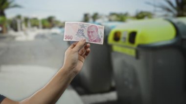 Türk lira banknotunu açık hava konteynırının yanında tutan adam aydınlık bir günde atık yönetimi ve ekonomi temaları vurguluyor.