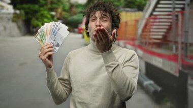 Güney Kore banknotlarını elinde tutan İspanyol bir adam gülümseyip kameraya bir öpücük yolluyor, heyecan ve finansal başarıyı simgeliyor..