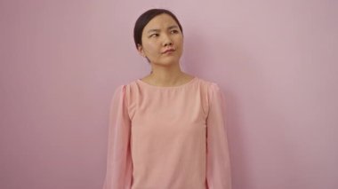 Başarılı bir fikri olan genç Çinli kadın bir numaralı jestini gösteren pembe arka planda mutlu bir şekilde işaret ediyor.