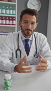 Arka planda ilaç rafları olan bir klinikte beyaz önlük ve steteskop giyen genç bir erkek doktor,.