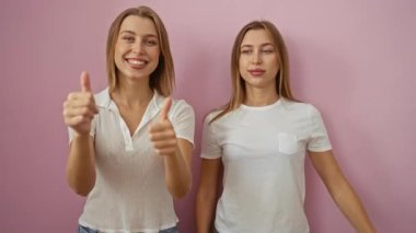 Kız kardeşlerin jestleri, pembe bir duvara başparmaklarıyla bir aşağı bir yukarı, ailevi sevgi ve bağ sergiliyor..