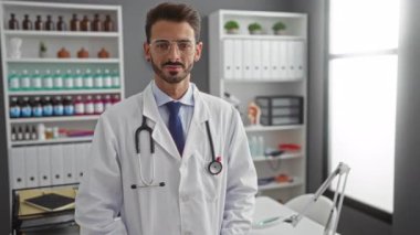 Modern bir klinikte gözlük takan ve steteskop takan genç bir adam, tıbbi malzemelerle dolu parlak bir odada güvenle duruyor, profesyonellik ve güven iletiyor..