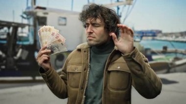Deniz kıyısındaki limandaki İspanyol adam, teknelerin yanında Türk lirası tutuyor, el pençe divan dinleyip, açık alandaki mali fırsatları merak ettiğini söylüyor..