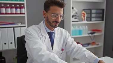 Klinikteki genç İspanyol erkek doktor, beyaz önlüklü ve gözlüklü bir muayeneye hazırlanıyor. Arka planda tıbbi ekipmanlar var. Profesyonellik yayıyor..