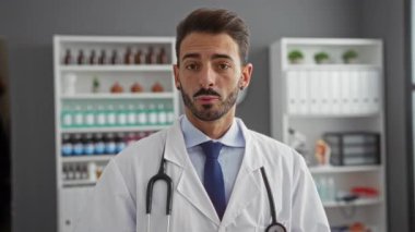 Beyaz önlüklü ve kravatlı genç bir erkek doktor raflarla modern klinikte duruyor, özgüvenle gülümsüyor, profesyonelliği ve sağlık uzmanlığını iletiyor..
