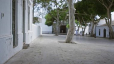 Lanzarote, İspanya 'daki bulanık patika, kanarya adalarındaki ağaçların ve binaların odağından çıkarıldığı bir açık hava manzarası gösteriyor.