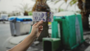 Kanada 'nın 10 dolarlık banknotunu elinde tutan adam, palmiye ağaçları ve kentsel çevrenin ortasındaki geri dönüşüm konteynırlarının yanında..