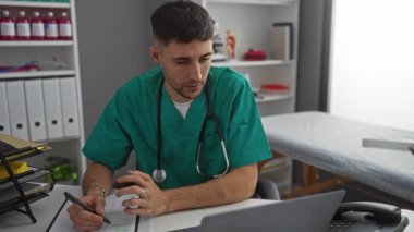 Yeşil önlüklü genç İspanyol erkek doktor iyi organize edilmiş bir hastane odasında tıbbi dosyalar ve ekipmanlarla dolu bir klinik masasında evrak işleriyle uğraşıyor..
