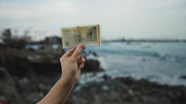 Denizin kenarında, arkasında okyanus olan bir Danimarka kronu tutan adam..