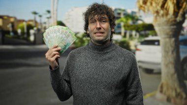 Açık havada bir şehir caddesinde Rus rublesi tutan İspanyol bir adam, gelişigüzel bir şehir ortamında küresel finans ve kültürel kimliğin ilginç bir karışımını yakalıyor..