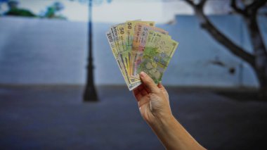 Bir şehir caddesinde el ele tutuşan Romen leu banknotları iş ve finansmanı sembolize ediyor.