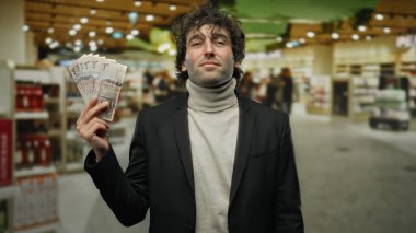 Suudi riyal banknotları tutan İspanyol adam hareketli bir süpermarkette canlı ve çağdaş bir perakende satış ortamı sergiliyor..