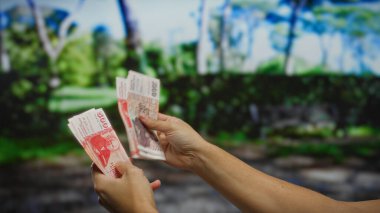 Kentsel bir parkta İzlanda Krona banknotlarını idare eden adam, para değişimi ve şehir sokaklarında yatırım kavramlarını resmediyor..