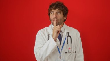 Beyaz önlüklü genç bir doktor canlı kırmızı arka planda parmaklarıyla sessiz ve profesyonel bir şekilde sessiz kalarak sessiz kalma hareketi yapıyor..