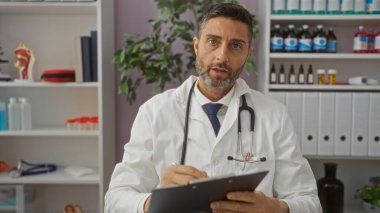 Klinikteki panoya steteskop kullanan doktor içeride odaklanmış çalışma ortamını gösteren tıbbi malzemelerle birlikte..