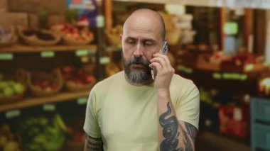 Açık hava meyve pazarında telefonla konuşan sakallı bir adam. Taze meyve ve dövmeli bir kol görünür, modern ve kentsel bir alışveriş sahnesi yaratıyor..