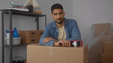 Karton kutular ve ev eşyalarıyla çevrili rahat bir ifadeyle yeni bir evde kutuları paketleyen genç adam, yakın zamanda sıcak bir oturma odasına taşındığını ima ediyor..