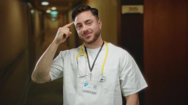 Doktor üniforması ve steteskop giyen beyaz sakallı genç bir adam otel koridorunda durup neşeli bir ifadeyle başını işaret ediyor..